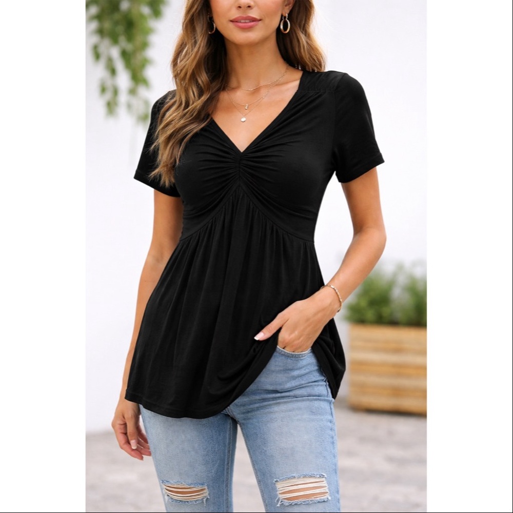 Black Ruched Babydoll Top Size Small Twist Front V Neck Flowy Cute Casual Blouse